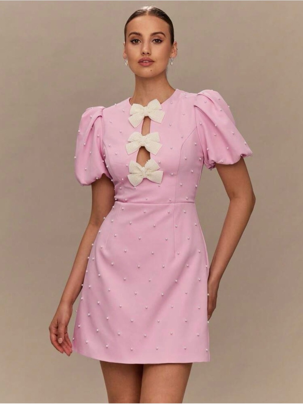 Pink Puff-Sleeve Mini Dress with Ivory Bows - Picture 2 of 6
